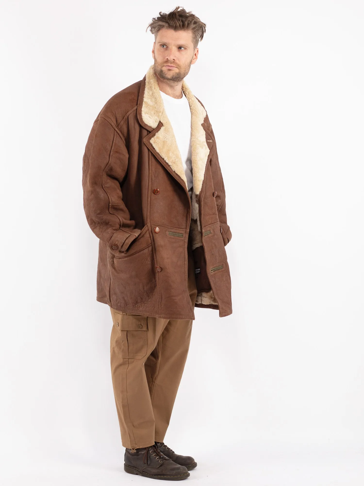 Vintage 80's Men Oversized Sheepskin Coat in Brown