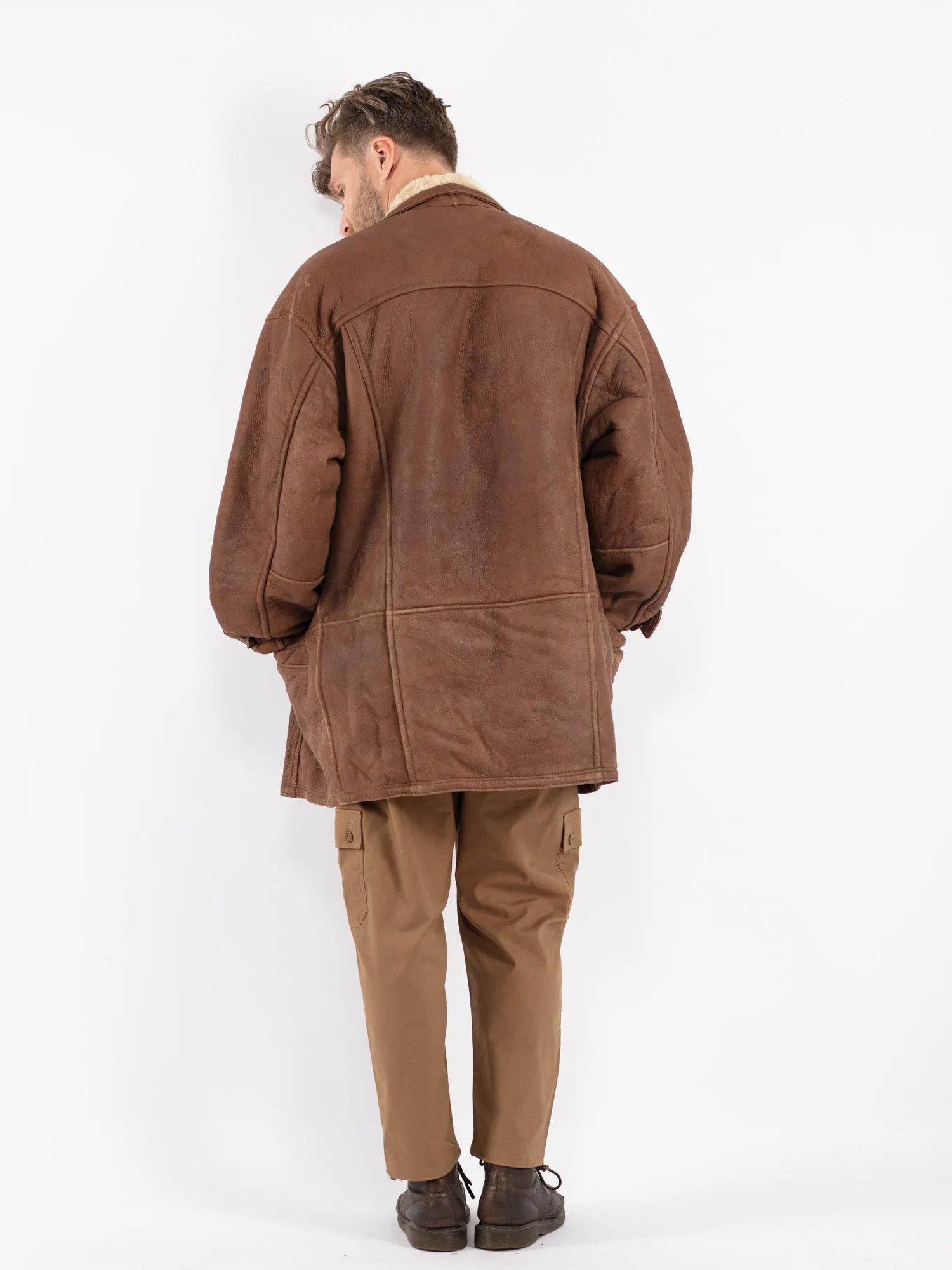 Vintage 80's Men Oversized Sheepskin Coat in Brown