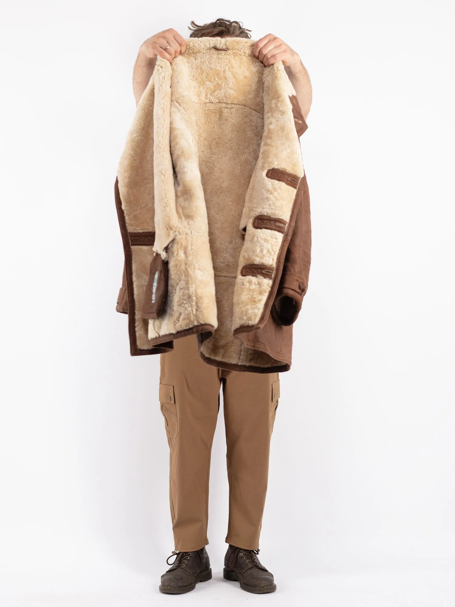 Vintage 80's Men Oversized Sheepskin Coat in Brown