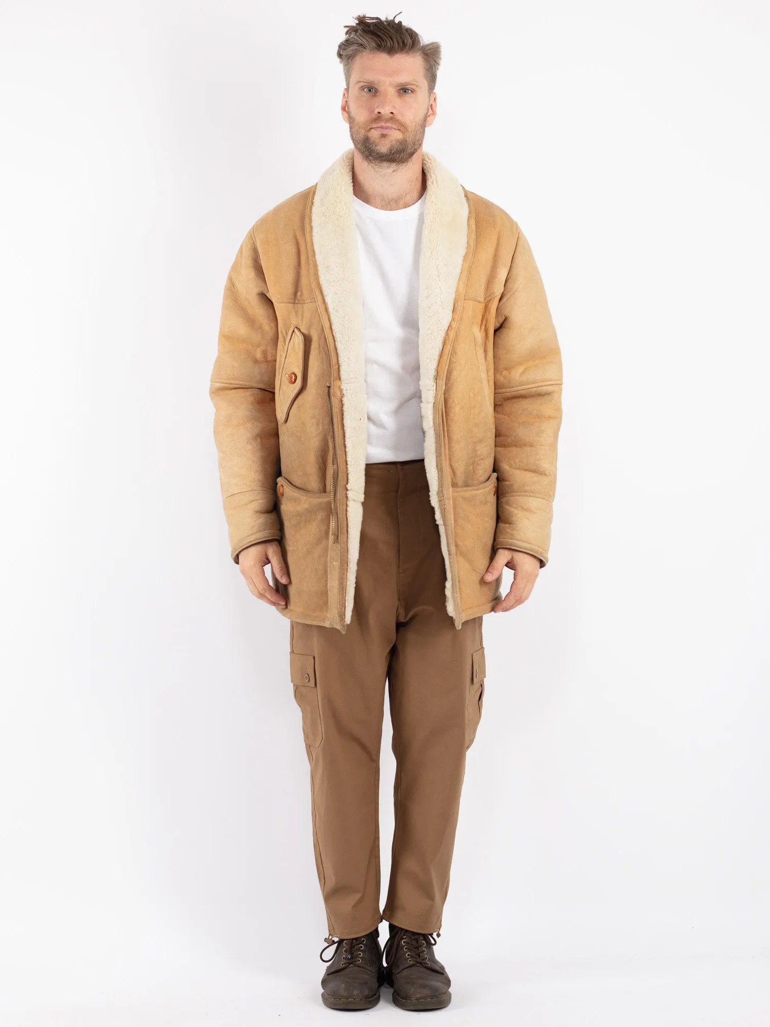 Vintage 80's Men Sheepskin Coat in Beige