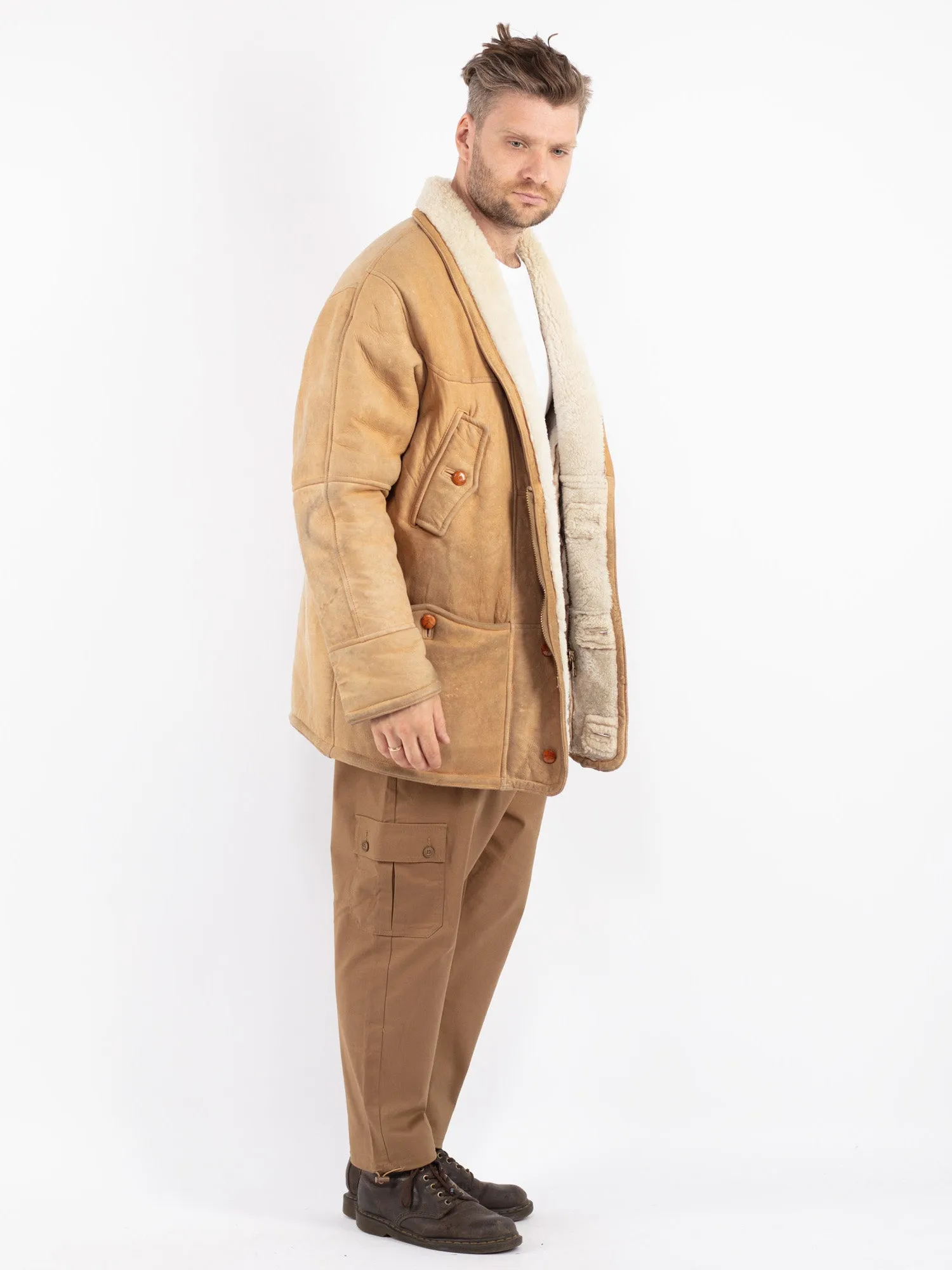 Vintage 80's Men Sheepskin Coat in Beige