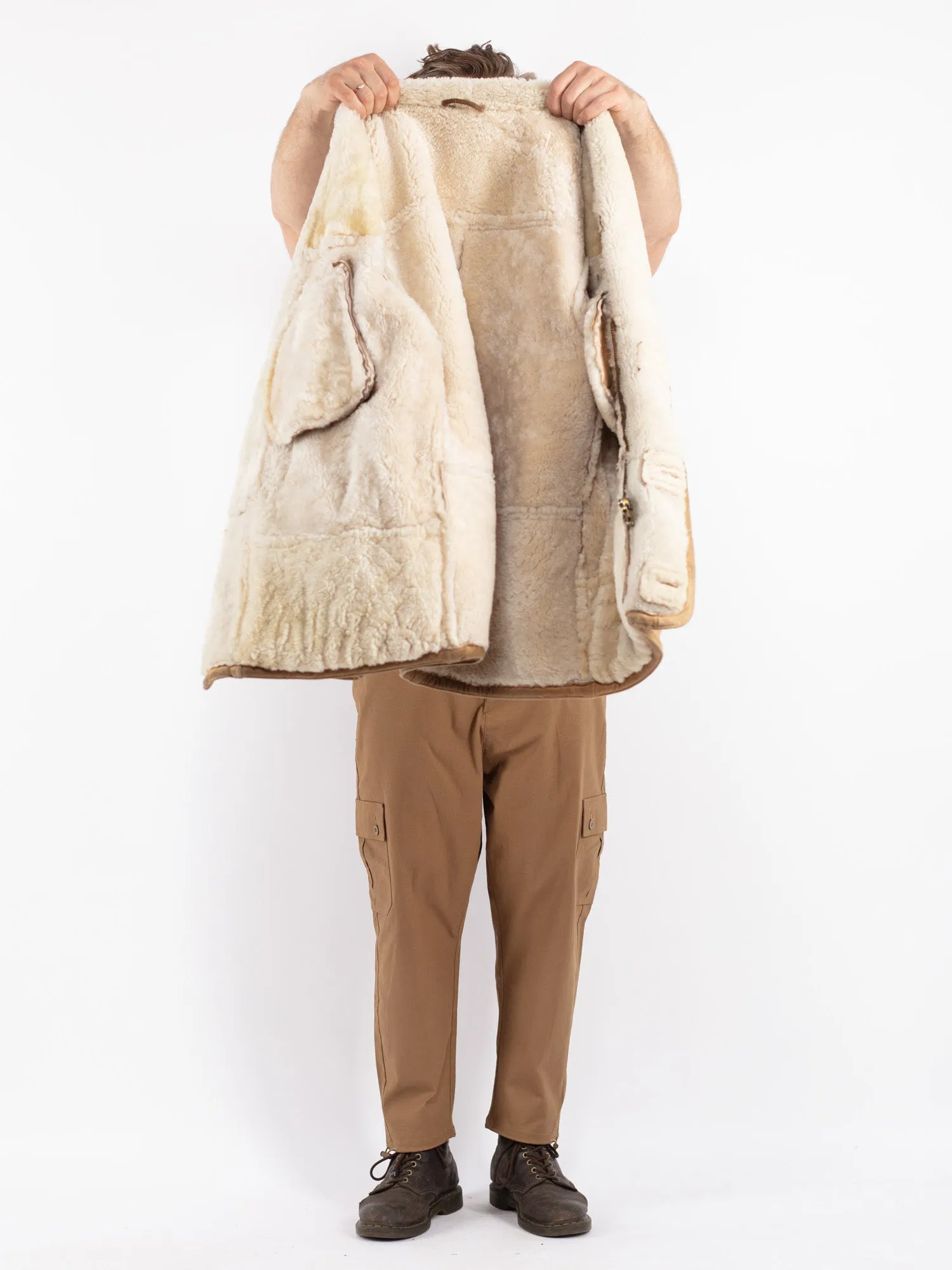 Vintage 80's Men Sheepskin Coat in Beige