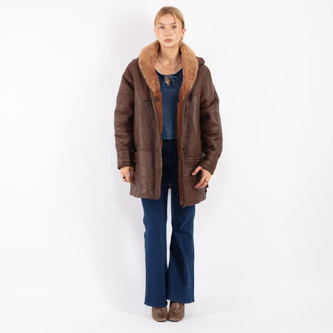 Vintage 80's Women Hooded Sheepskin Coat in Brown