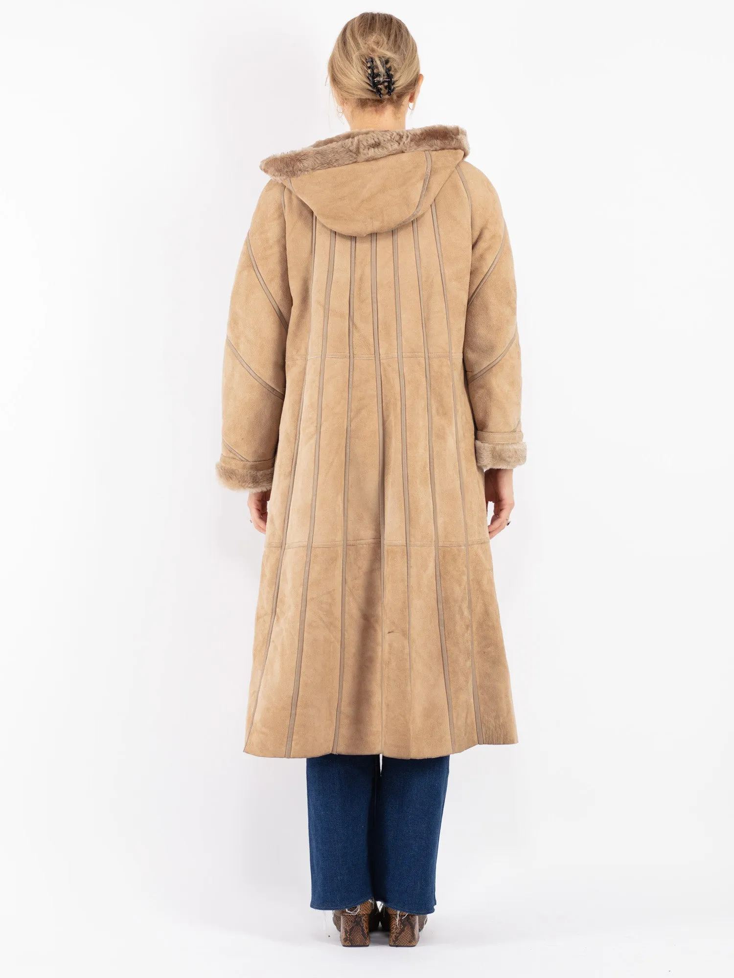 Vintage 80's Women Hooded Sheepskin Long Coat in Beige