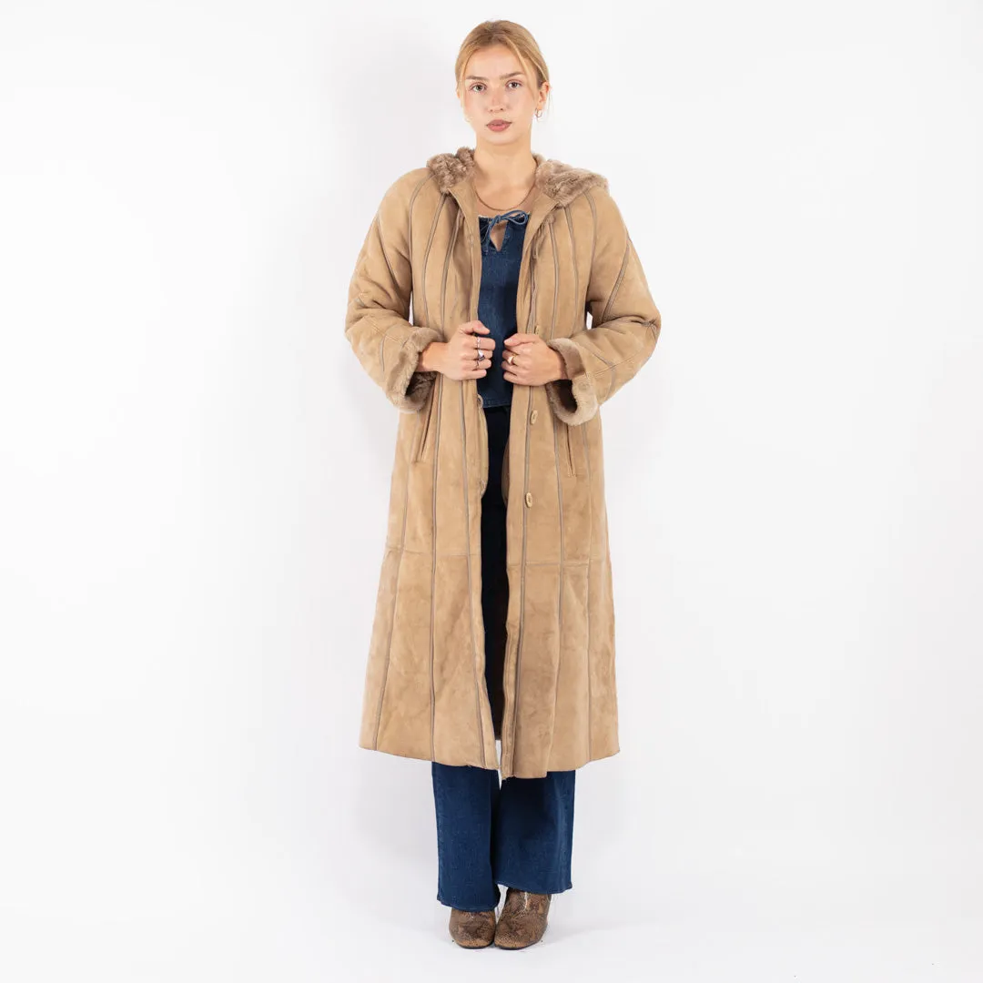 Vintage 80's Women Hooded Sheepskin Long Coat in Beige