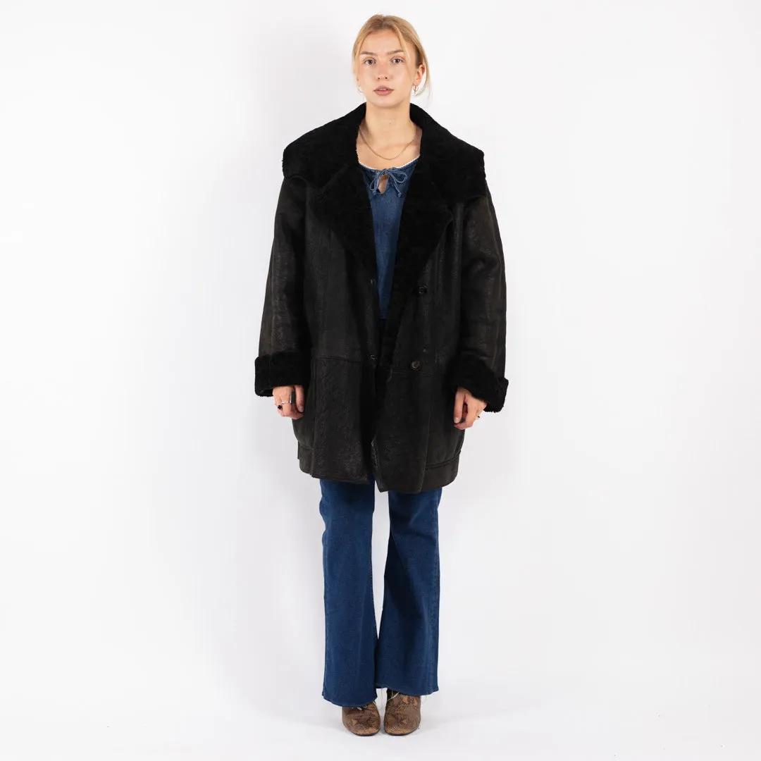 Vintage 80's Women Sheepskin Coat in Black