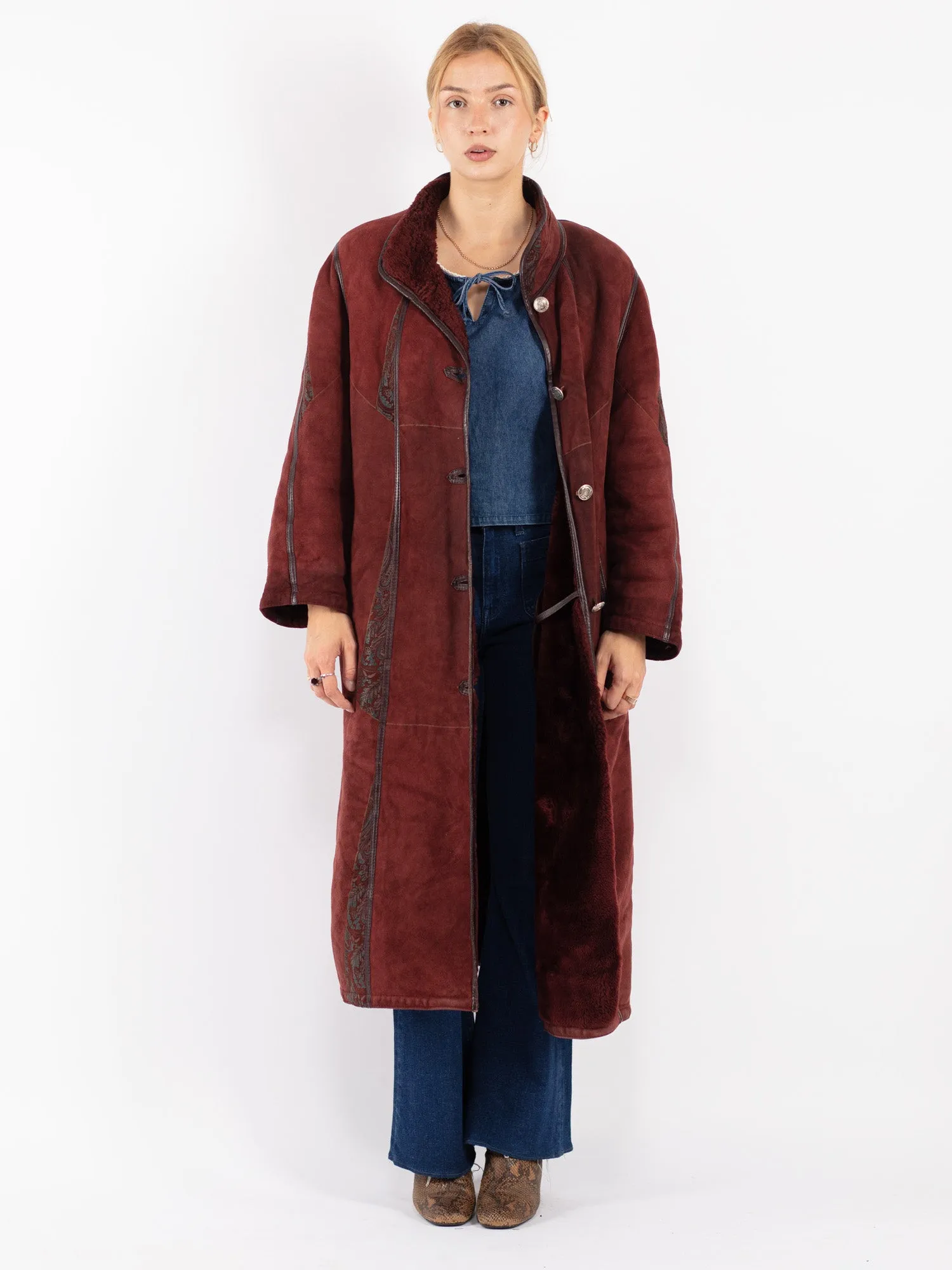 Vintage 80's Women Sheepskin Coat in Burgundy Red