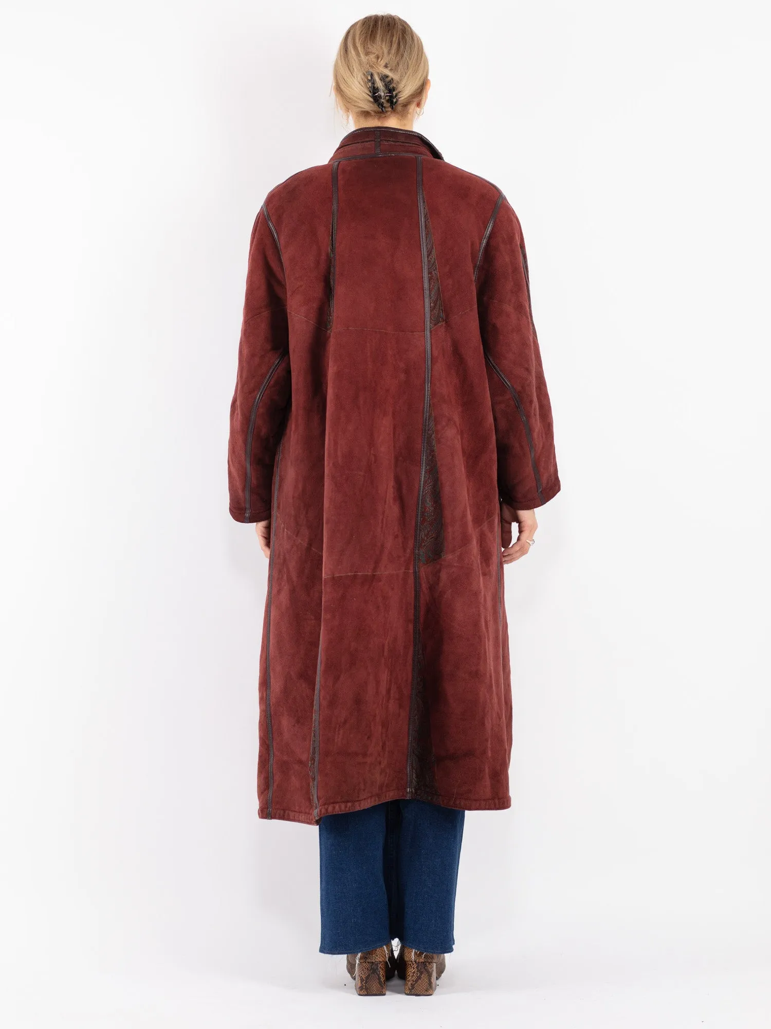 Vintage 80's Women Sheepskin Coat in Burgundy Red