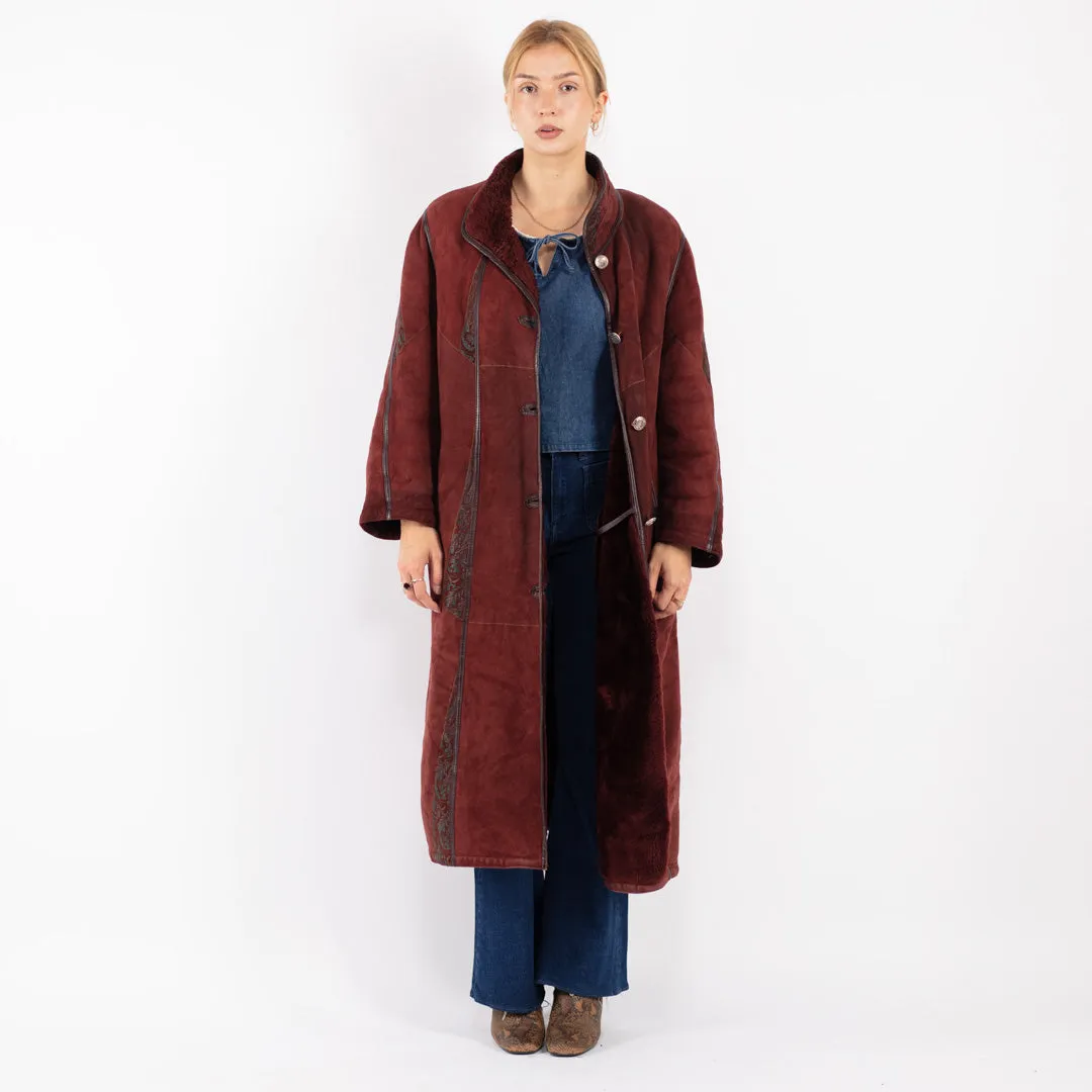 Vintage 80's Women Sheepskin Coat in Burgundy Red