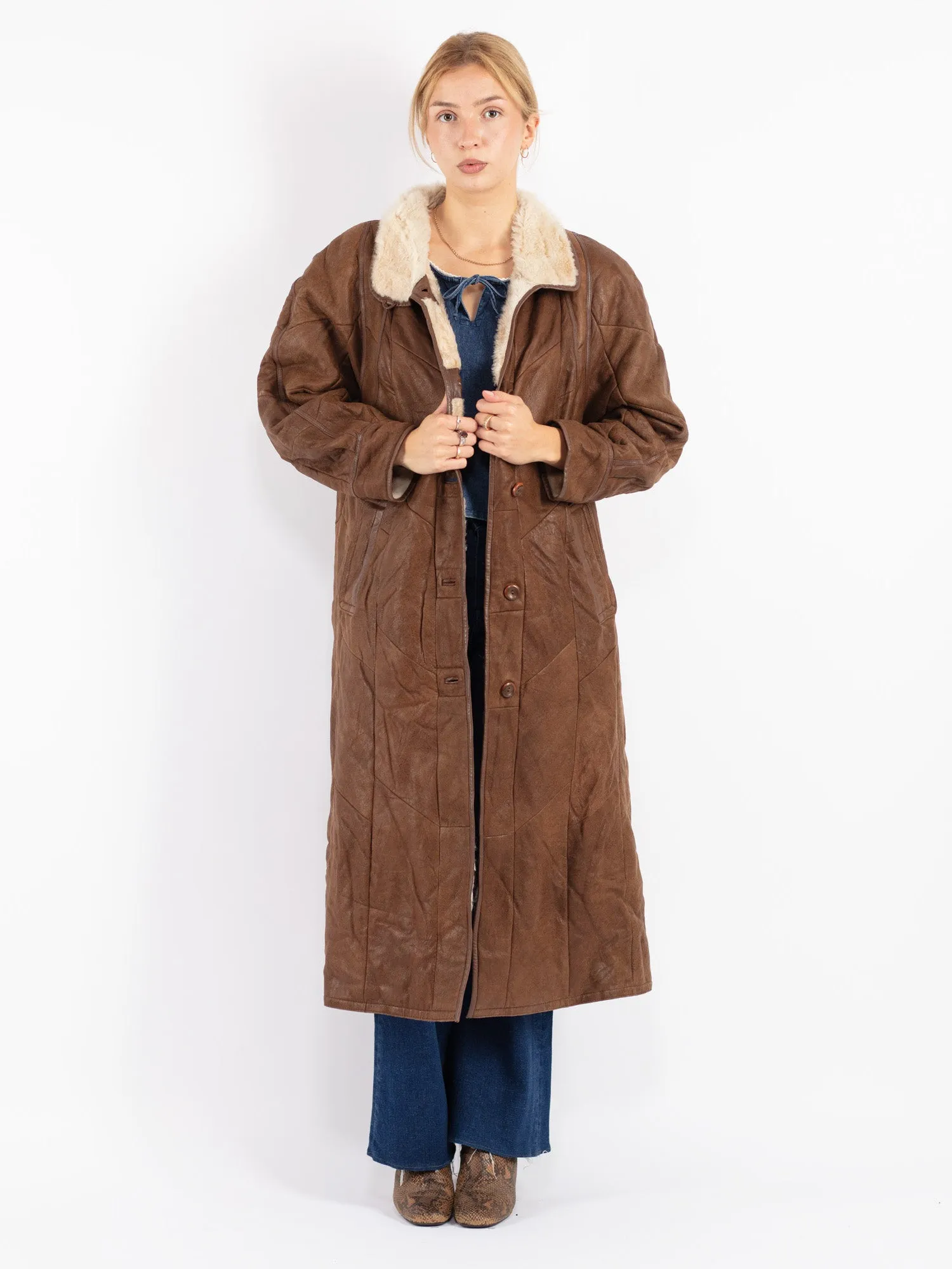 Vintage 80's Women Sheepskin Long Coat in Brown