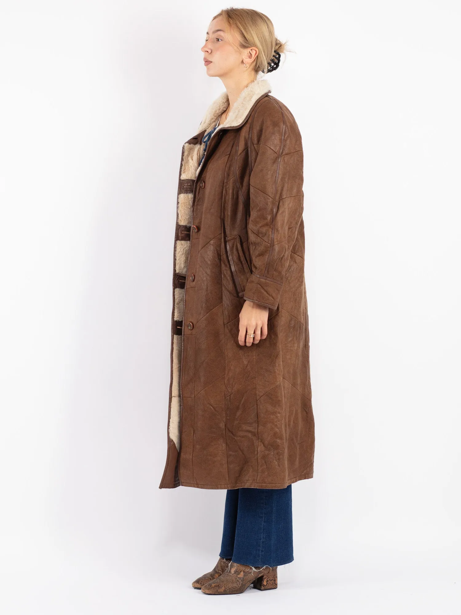 Vintage 80's Women Sheepskin Long Coat in Brown