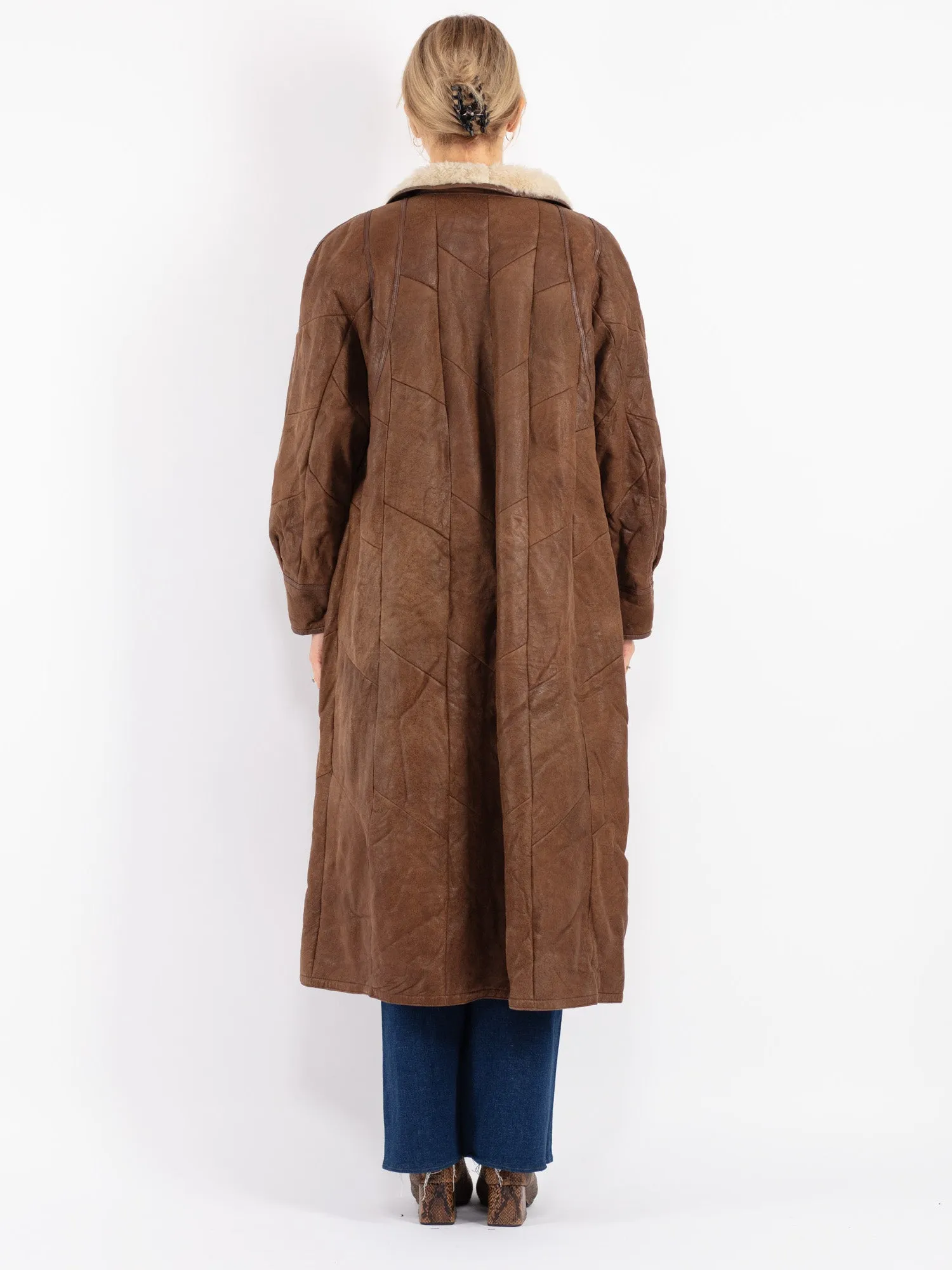 Vintage 80's Women Sheepskin Long Coat in Brown