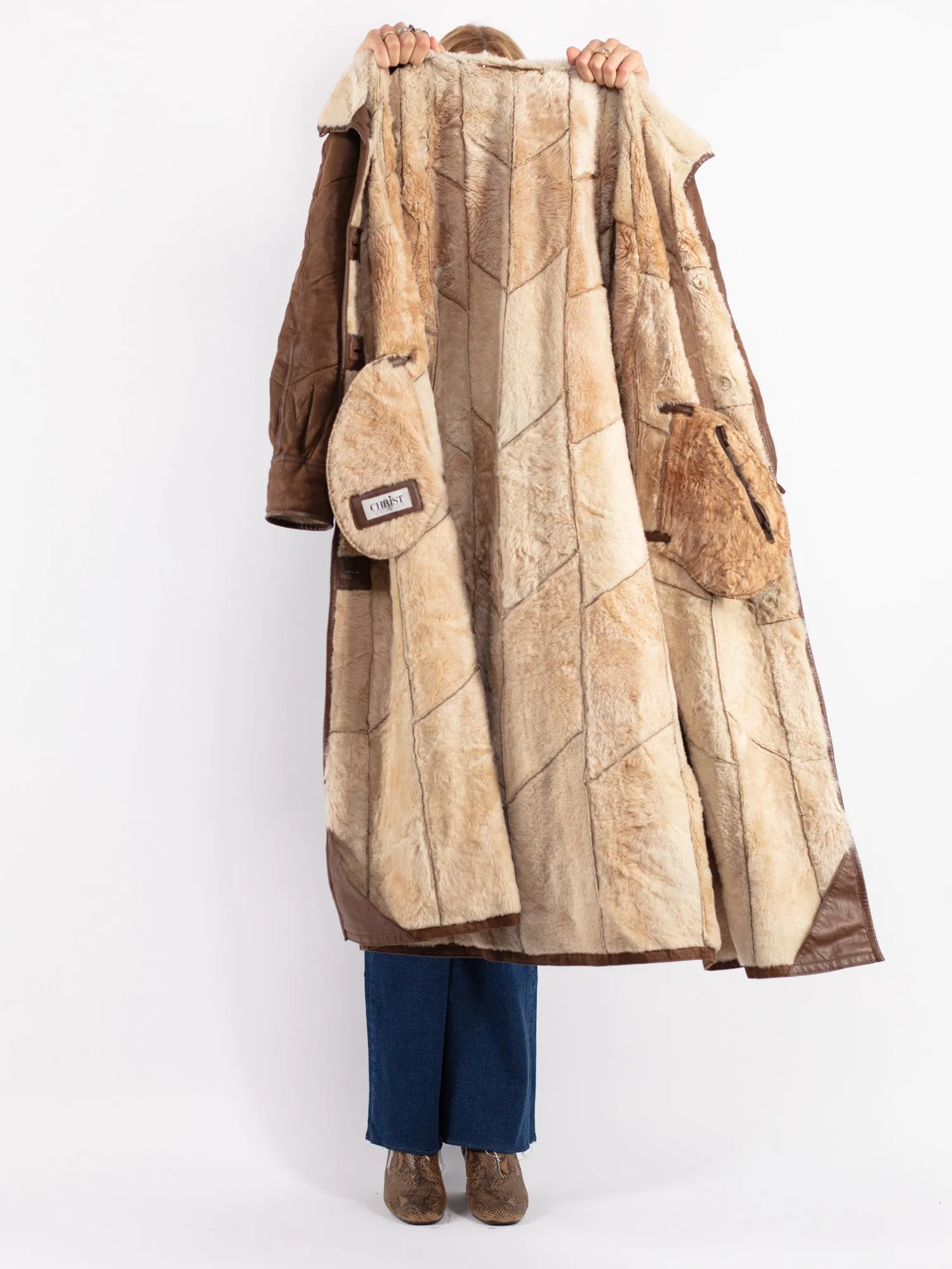 Vintage 80's Women Sheepskin Long Coat in Brown