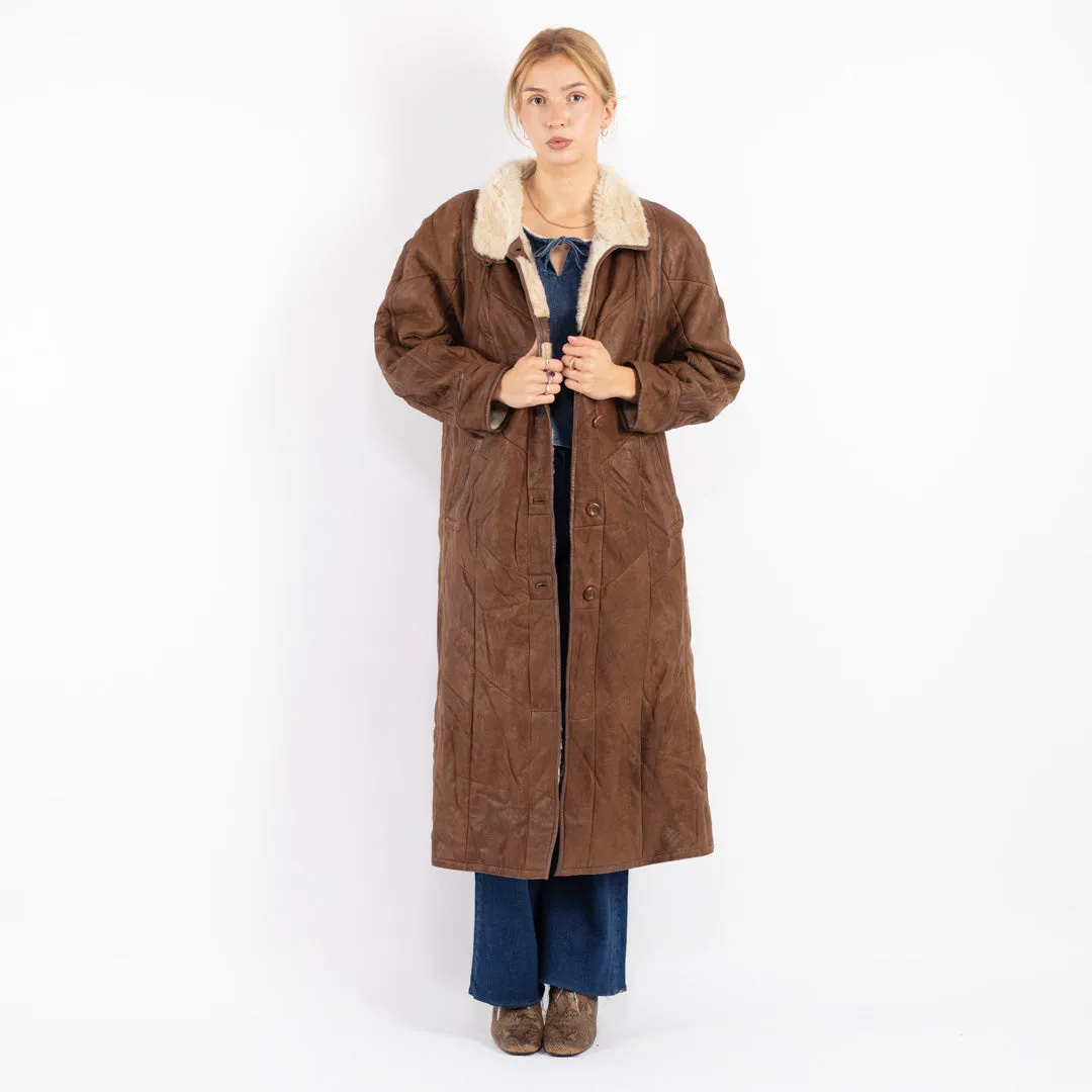 Vintage 80's Women Sheepskin Long Coat in Brown