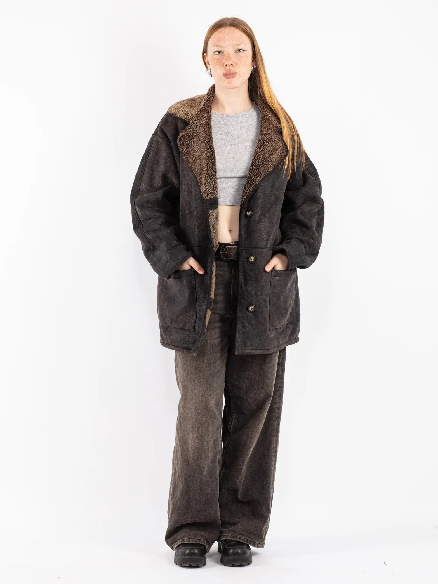 Vintage 90's Women Sheepskin Coat in Black