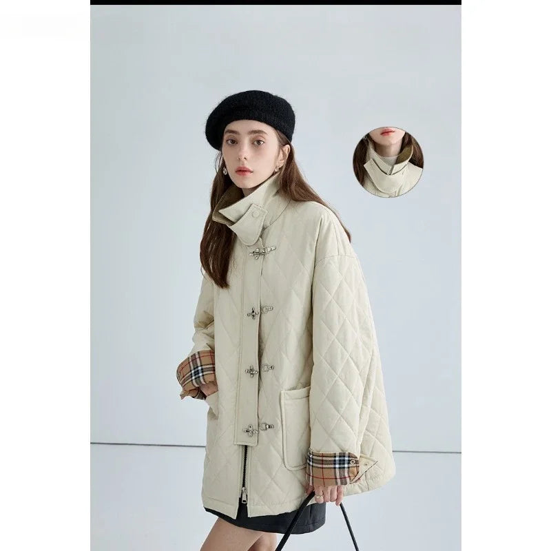 Vintage Autumn Winter Casual Retro Style Single Breasted Parkas Plaid Jacket For Women