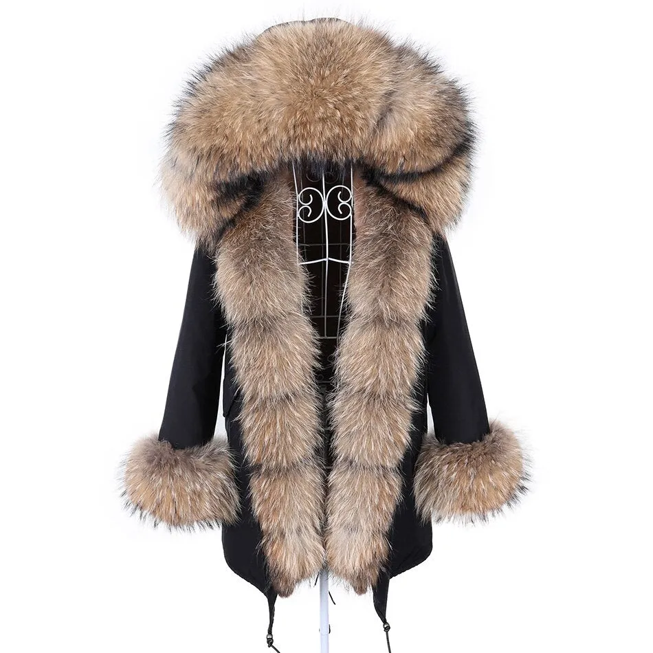 Warm Winter Style Contrast Natural Fur Collar Black Coat Jacket for Women