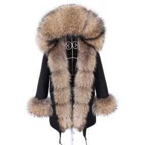 Warm Winter Style Contrast Natural Fur Collar Black Coat Jacket for Women