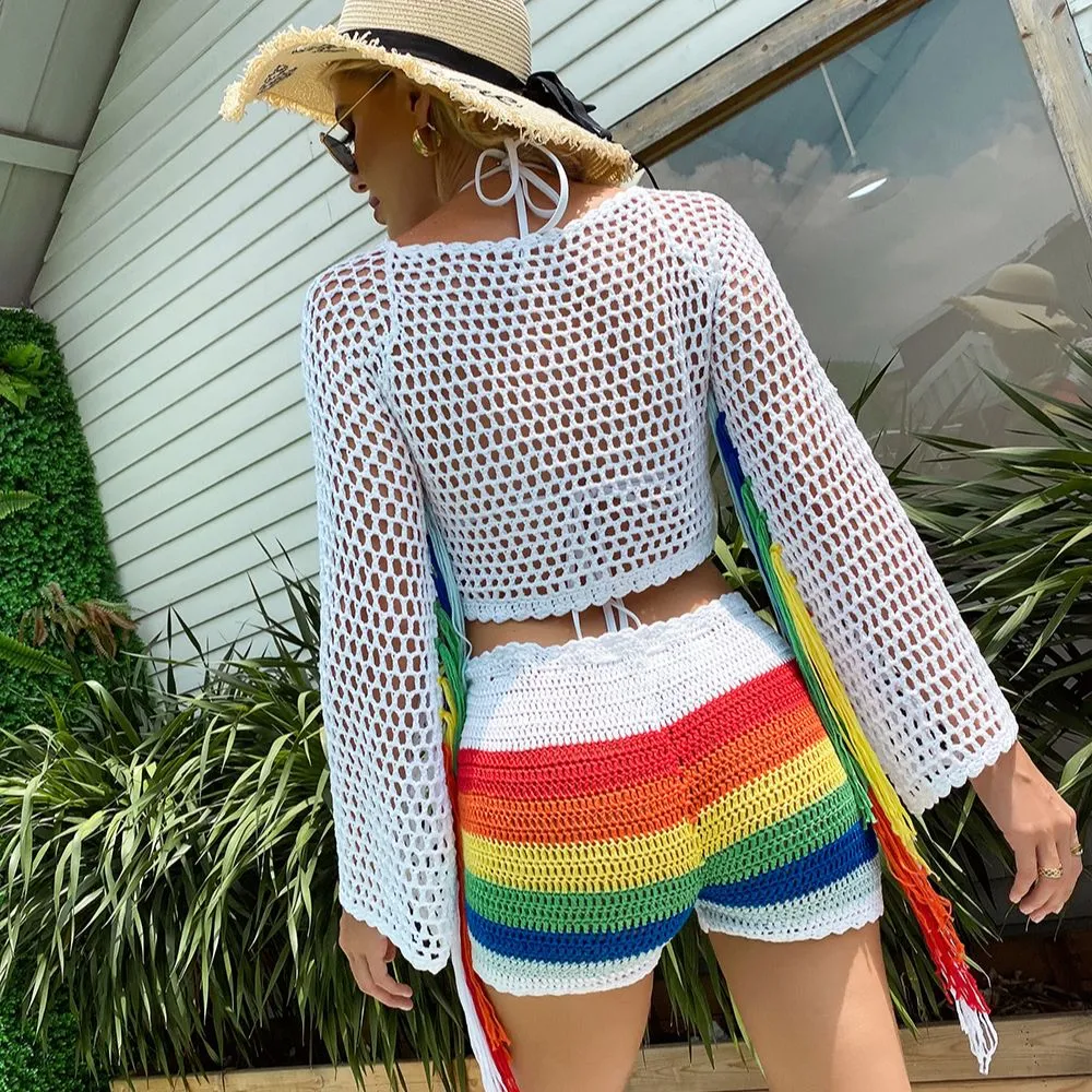 Women's Beach Bikini Crochet Rainbow Tassel Cover-Up Sexy Swimwear