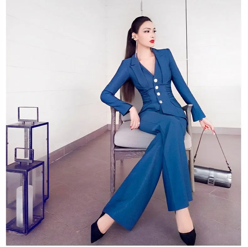 Women's Solid V Neck Front Pleated Coat Flare Pants Two Piece Suit Set