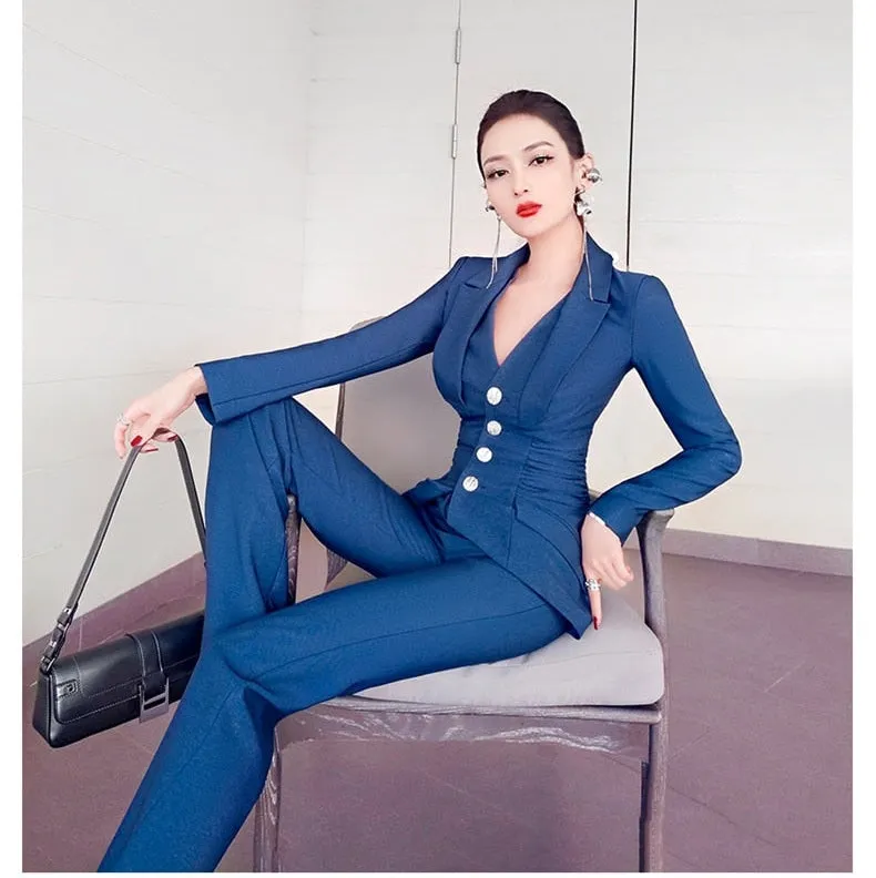 Women's Solid V Neck Front Pleated Coat Flare Pants Two Piece Suit Set