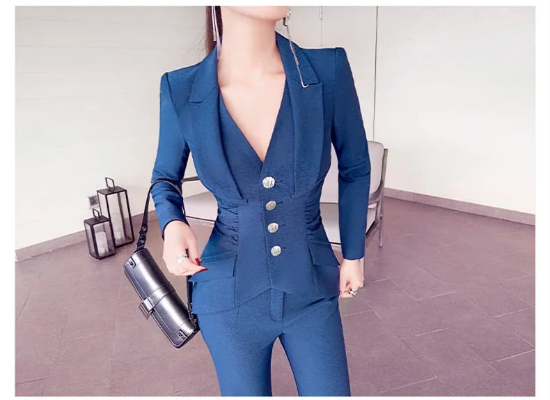 Women's Solid V Neck Front Pleated Coat Flare Pants Two Piece Suit Set