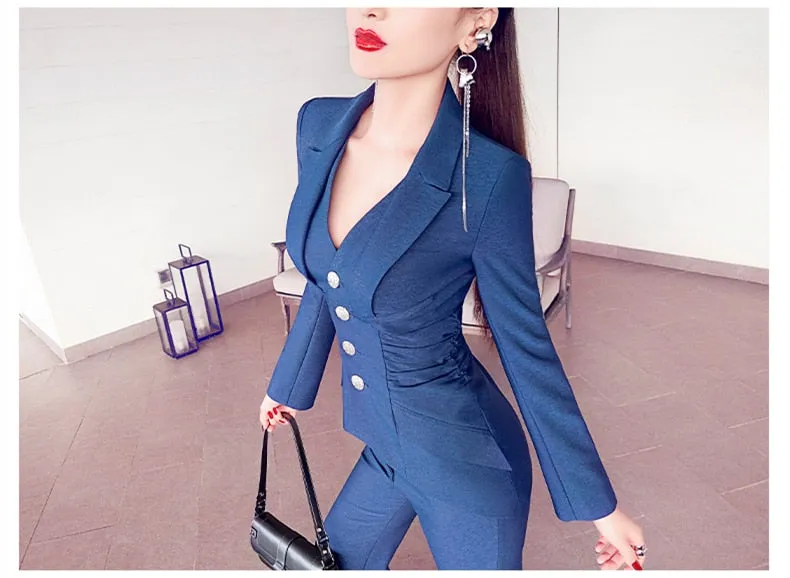 Women's Solid V Neck Front Pleated Coat Flare Pants Two Piece Suit Set