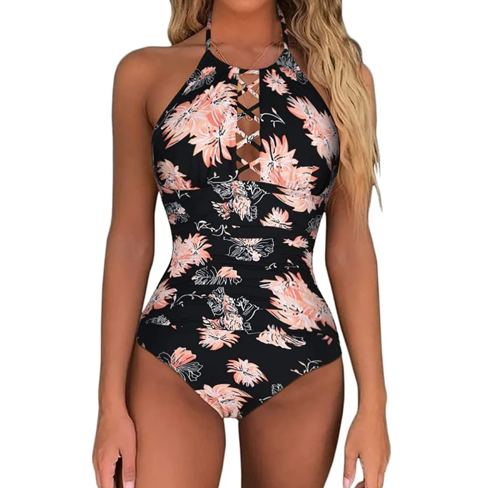 Women's Vintage Floral Hollow Out Push-Up Pleat One Piece Swimwear