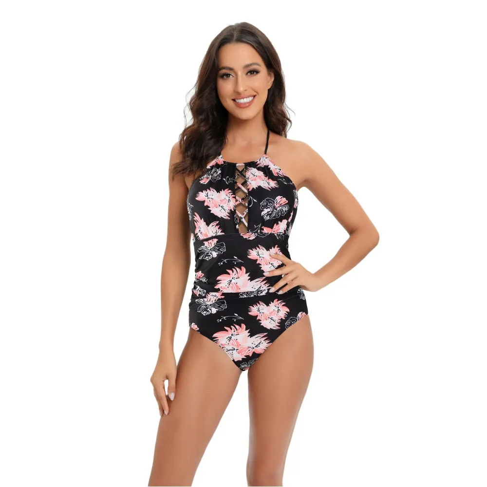 Women's Vintage Floral Hollow Out Push-Up Pleat One Piece Swimwear