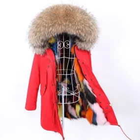 Women's Winter Fashion Fox Fur Collared Coat Jacket with Removable Fur Lining