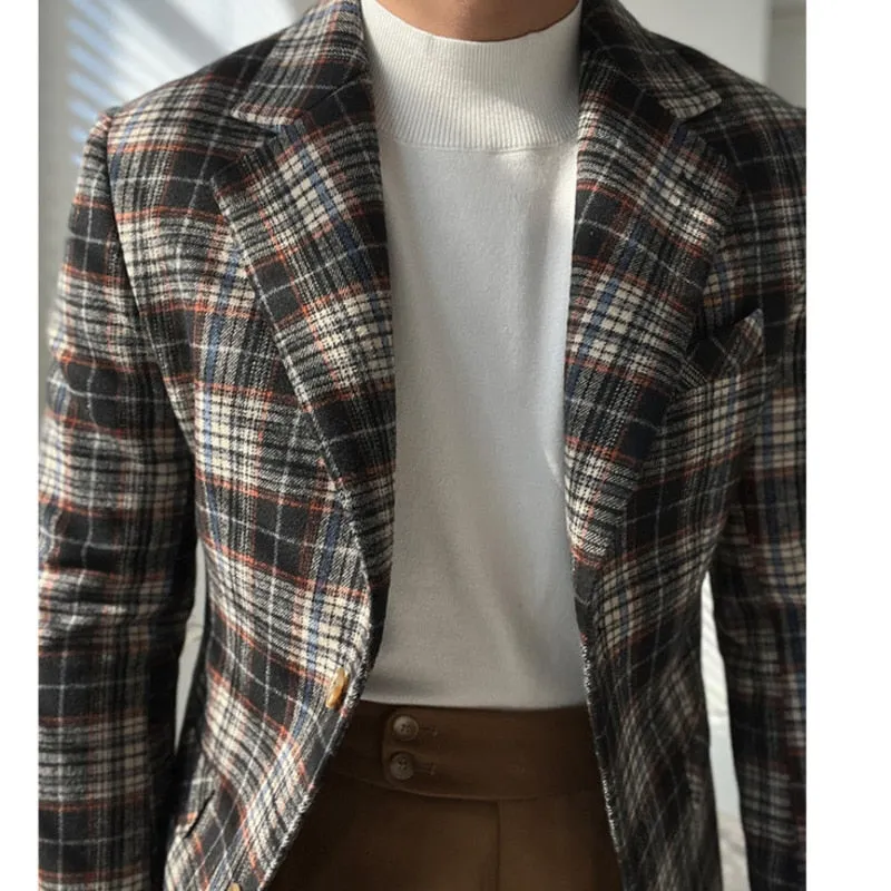 Woolen Blend plaid Retro Casual Men's Coat Slim Long Sleeve Gentleman Suit Blazers