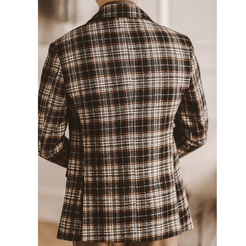 Woolen Blend plaid Retro Casual Men's Coat Slim Long Sleeve Gentleman Suit Blazers