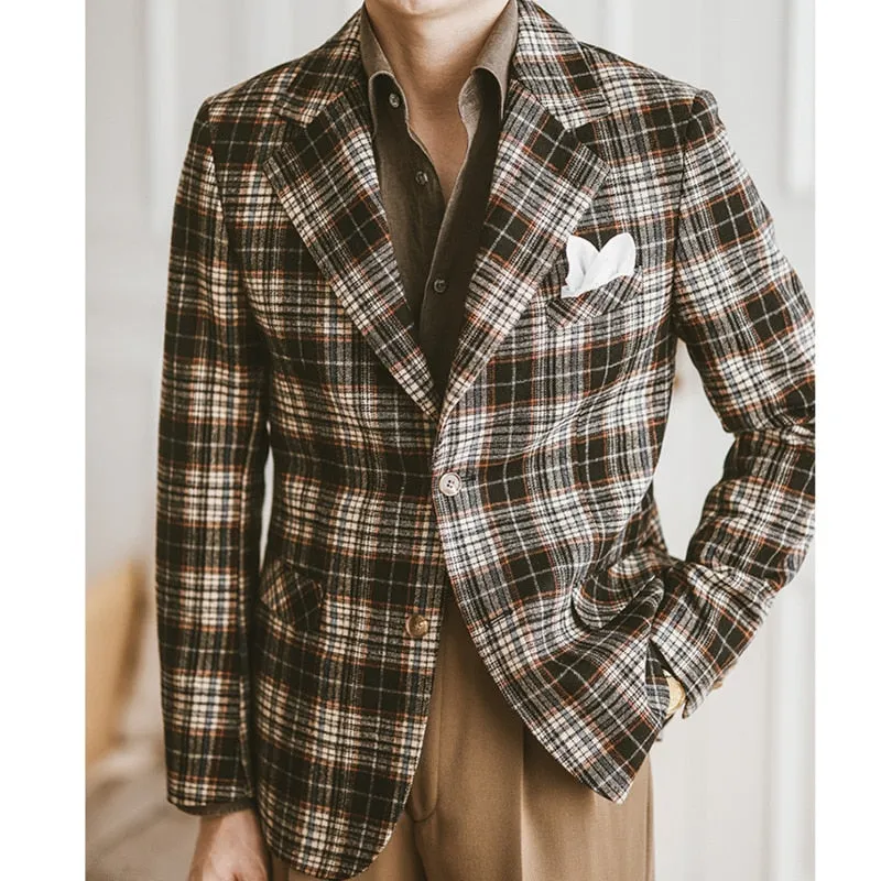 Woolen Blend plaid Retro Casual Men's Coat Slim Long Sleeve Gentleman Suit Blazers